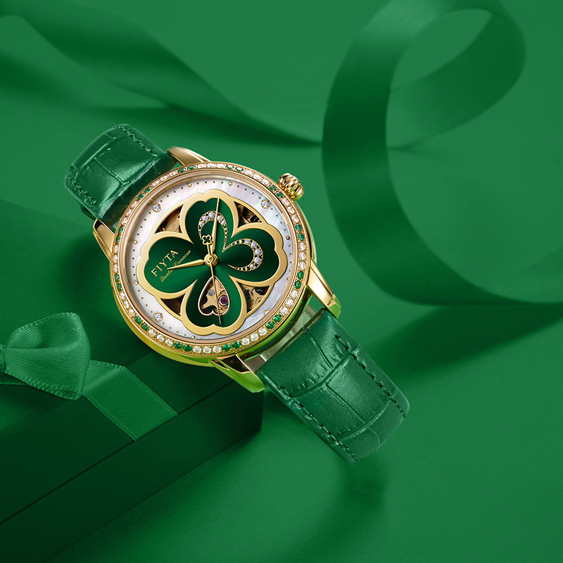 专柜同款飞亚达手表女绿色四叶草女士机械表时尚皮带防水女表