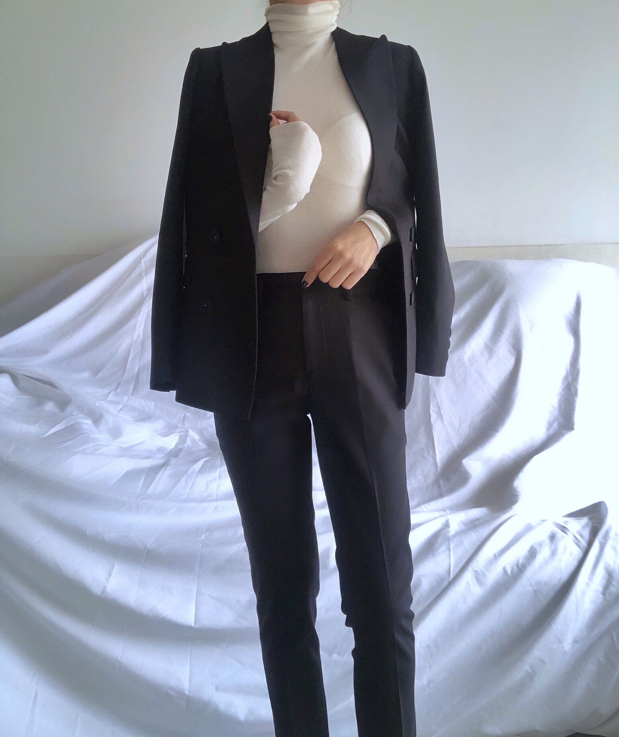 高定品质经典女士西装2021春秋黑色修身九分西装