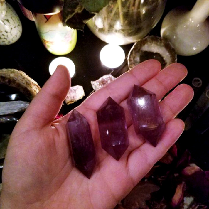 新款双尖紫水晶心轮高频天然矿石七脉轮冥想助失眠能量风水疗愈石