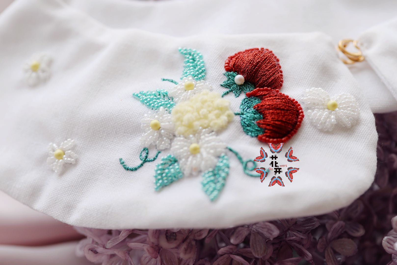 刺绣花开法式珠绣草莓花朵假领材料手工diy缝纫diy材料套装