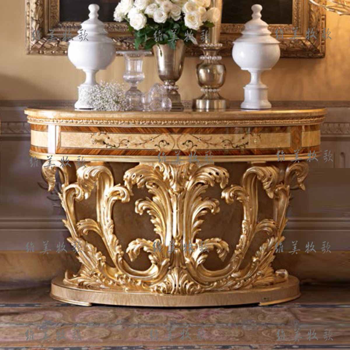 玄关欧式实木美式半圆门厅雕花装饰神台走廊玄关台