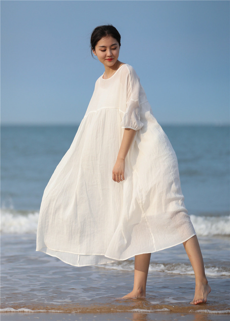 原创苎麻仙女白色连衣裙双层细皱加捻肌理设计连衣裙