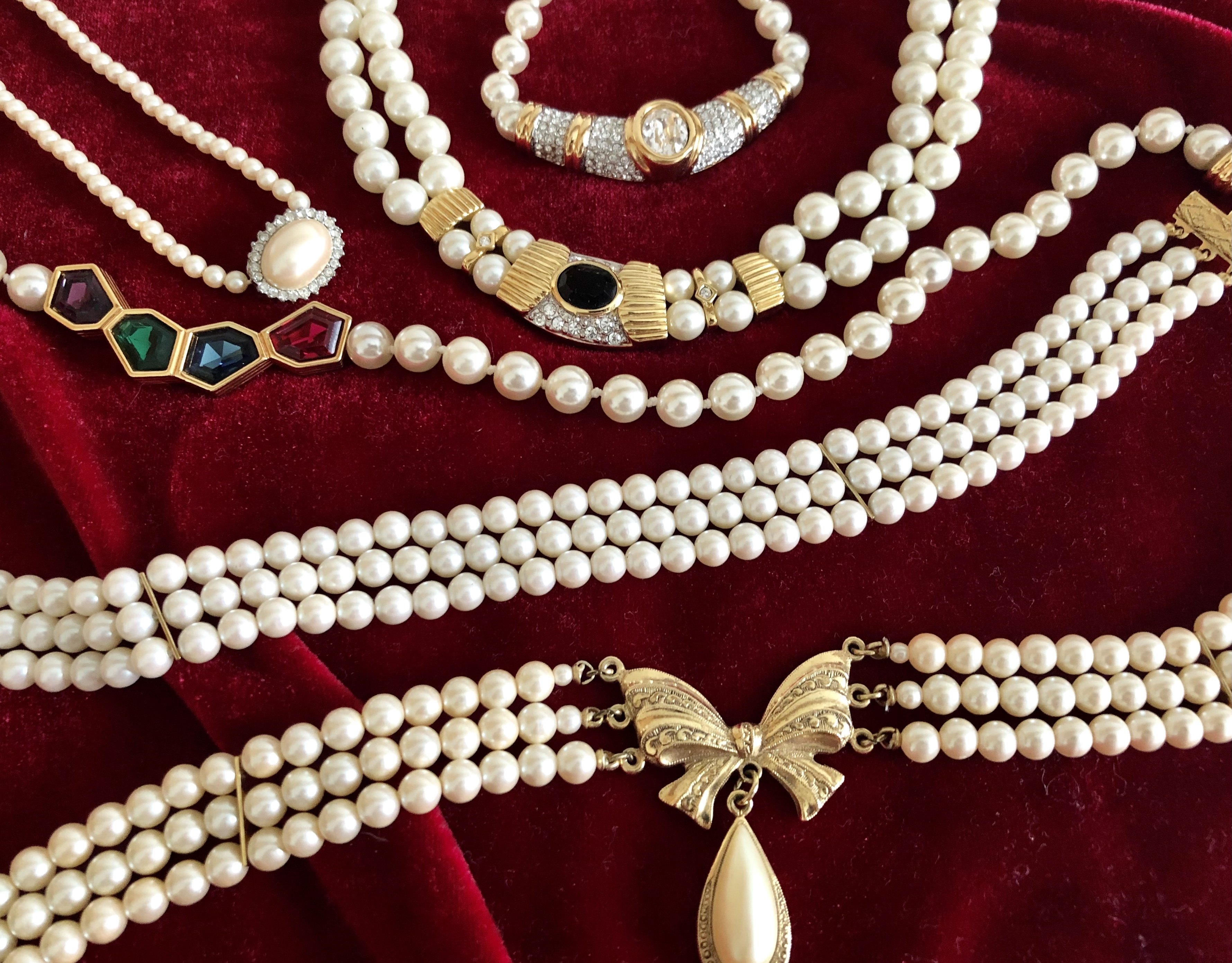 vintage西洋中古董首饰复古着人造珍珠项链颈链choker毛衣链孤品