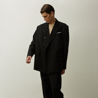 astaroth 黑色宽肩廓形西装男宽松双排扣落肩oversize复古简约