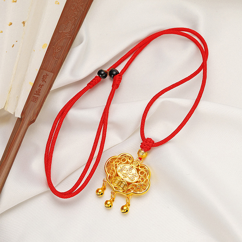 越南沙金首饰镀金金宝宝铃铛长命富贵红绳吊坠项链