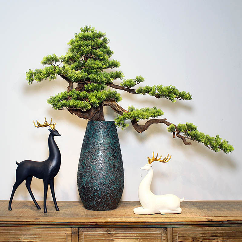 新中式酒店样板房玄关客厅家居大堂盆景松树仿真摆件