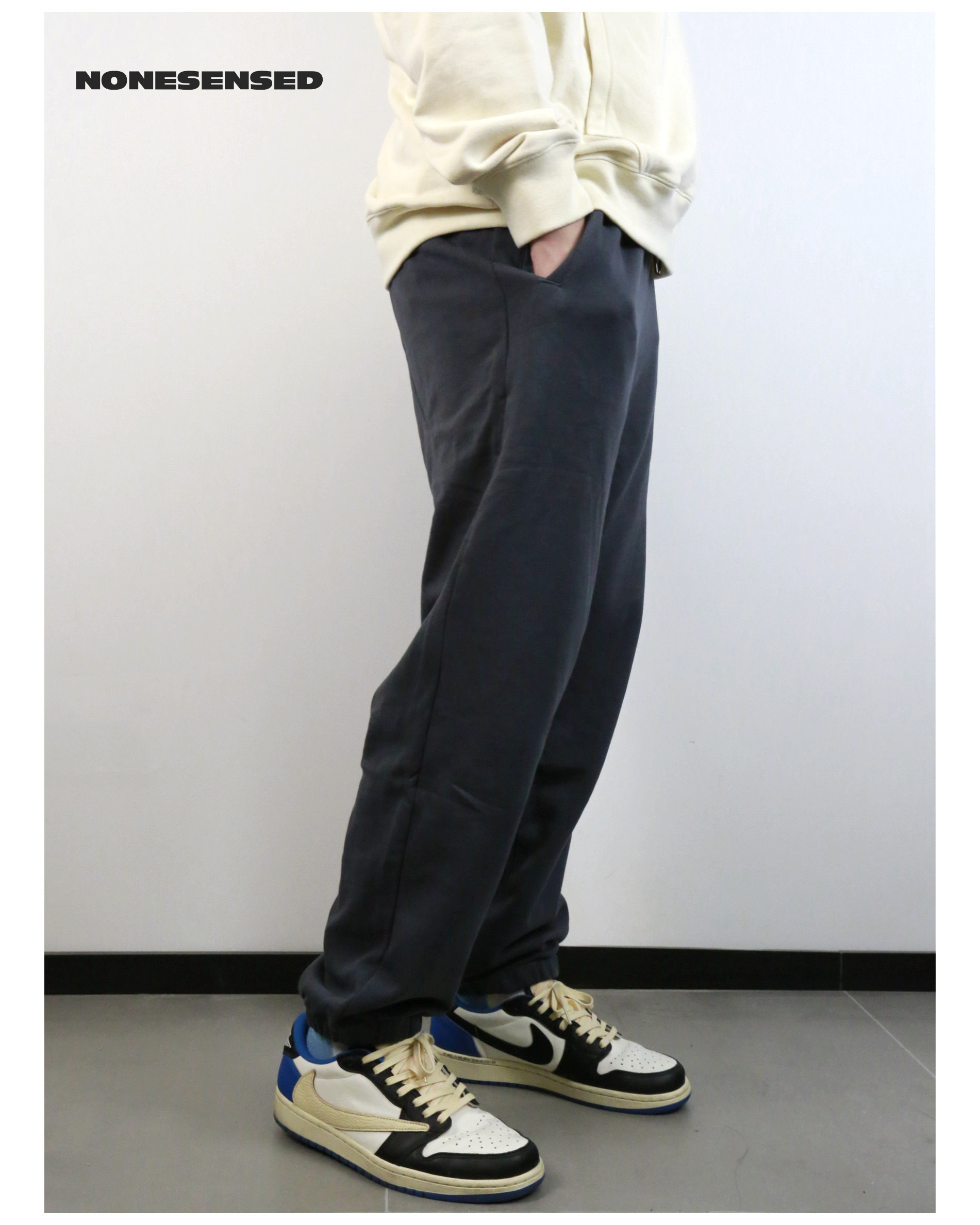 nonesensed深灰基本纯棉全棉高克重毛圈运动休闲卫裤男宽松休闲裤