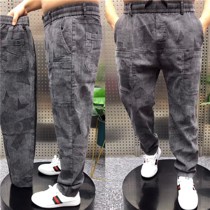 夏季新款提花六兜休闲牛仔裤男束脚长裤宽松潮流百搭小脚哈伦裤子
