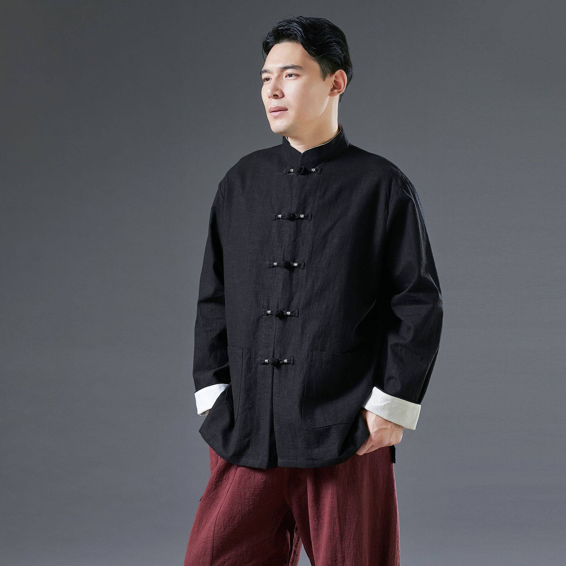 2021新款男装宽松苎麻对襟上衣中式立领盘扣唐装