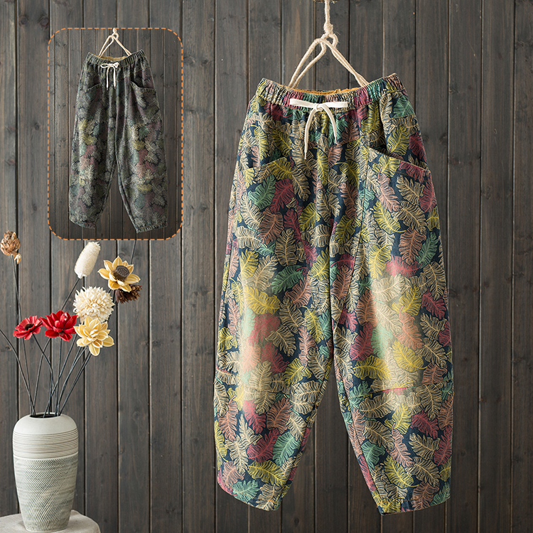 曼裳格2020秋季新款宽松牛仔裤女文艺印花松紧腰民族风大码长裤