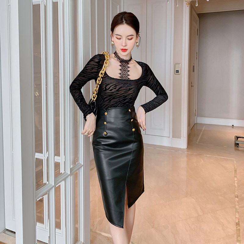 春夏高腰开叉小皮裙显瘦包臀a字半身裙不规则设计感小众pu皮短裙