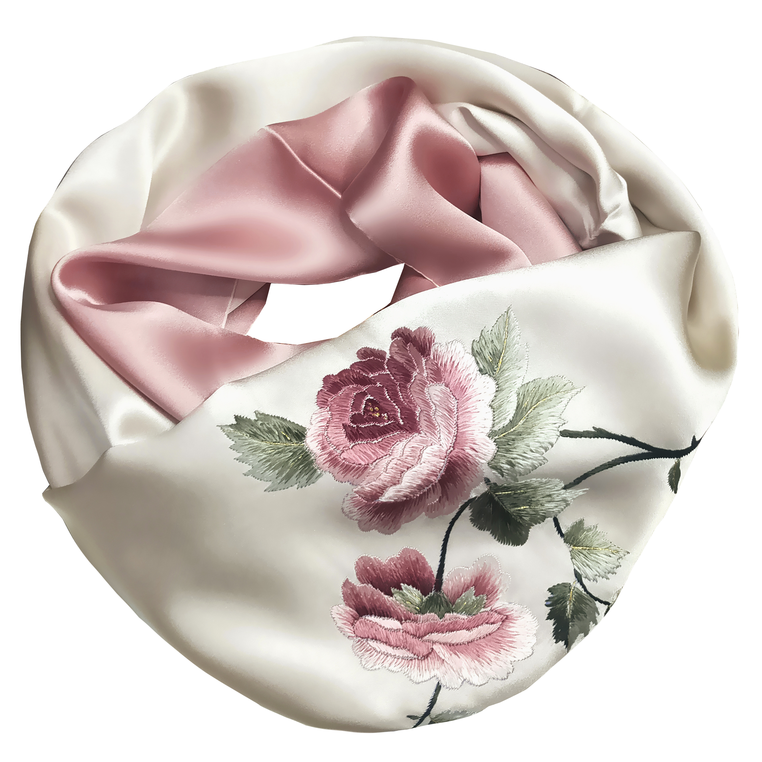 苏州手工刺绣真丝围巾白色牡丹绣花桑蚕蚕丝围巾