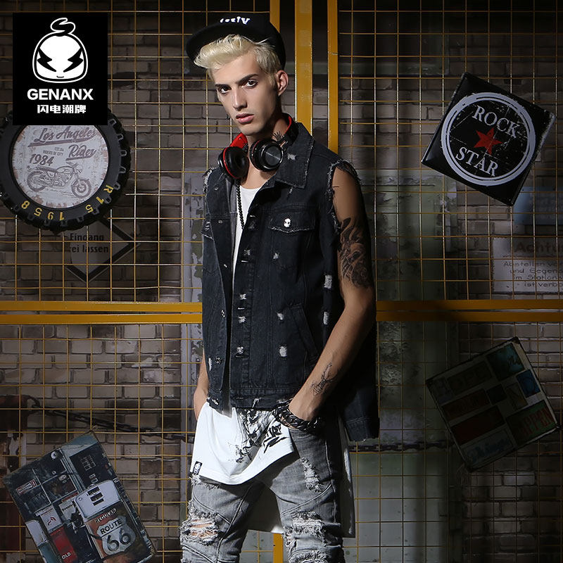 genanx闪电潮牌嘻哈风牛仔外套男朋克摇滚个性破洞两穿黑色牛仔衣