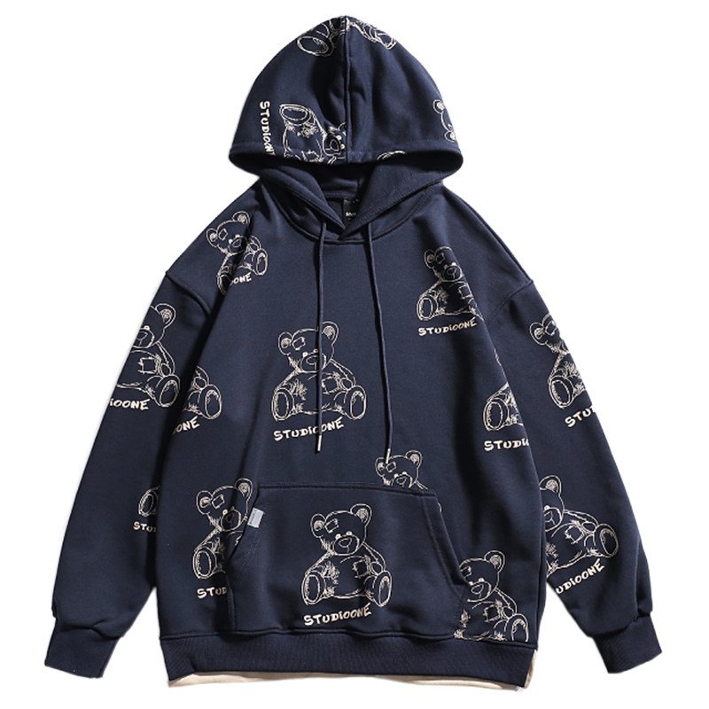 studioone国潮两件卡通熊满印连帽卫男女美式学院中性卫衣