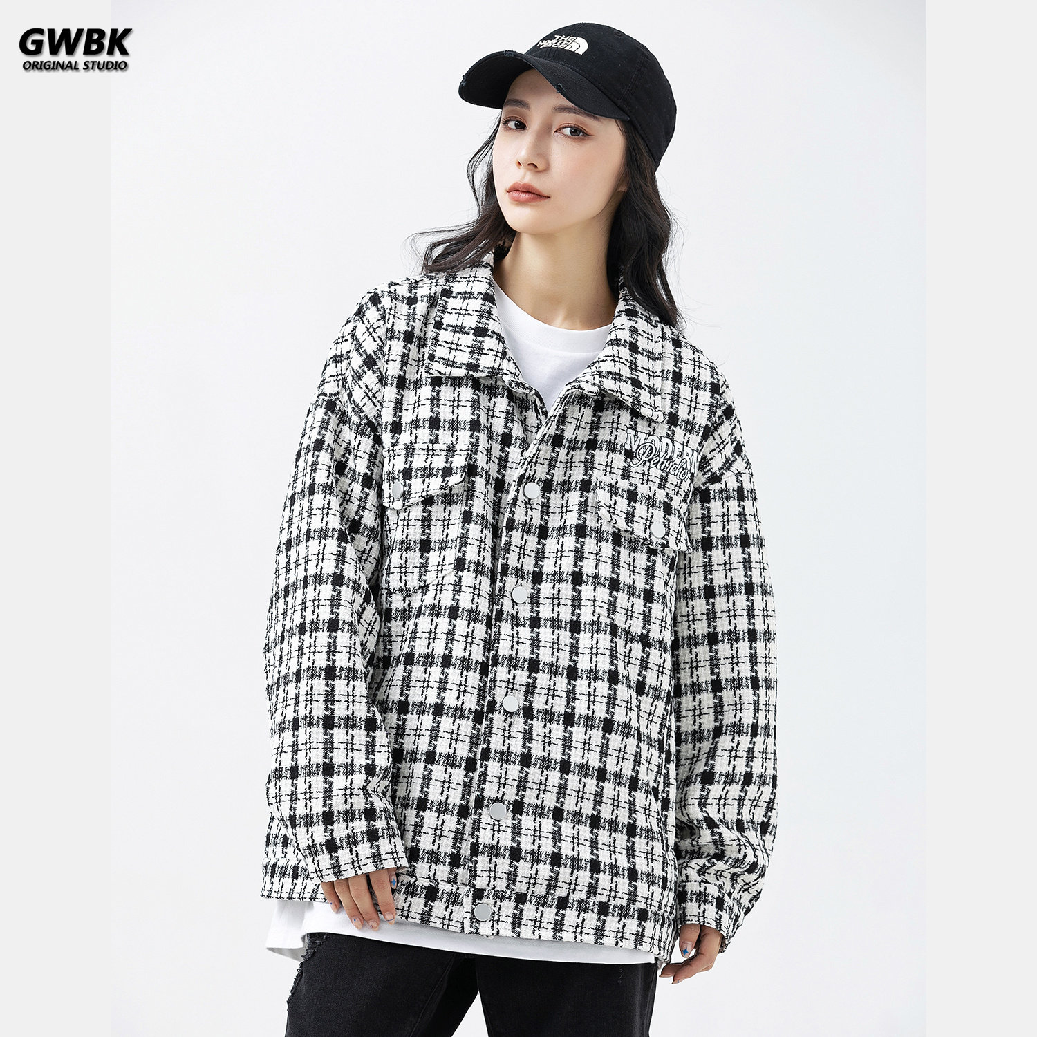 studioone潮牌小香风哥特字母千鸟格翻领外套男女夹克夹克
