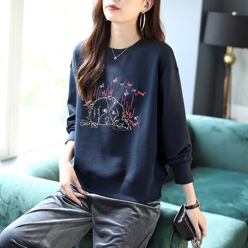 宝诗黎圆领刺绣百搭卫衣女装新款2022慵懒长袖上衣宽松春秋装时尚