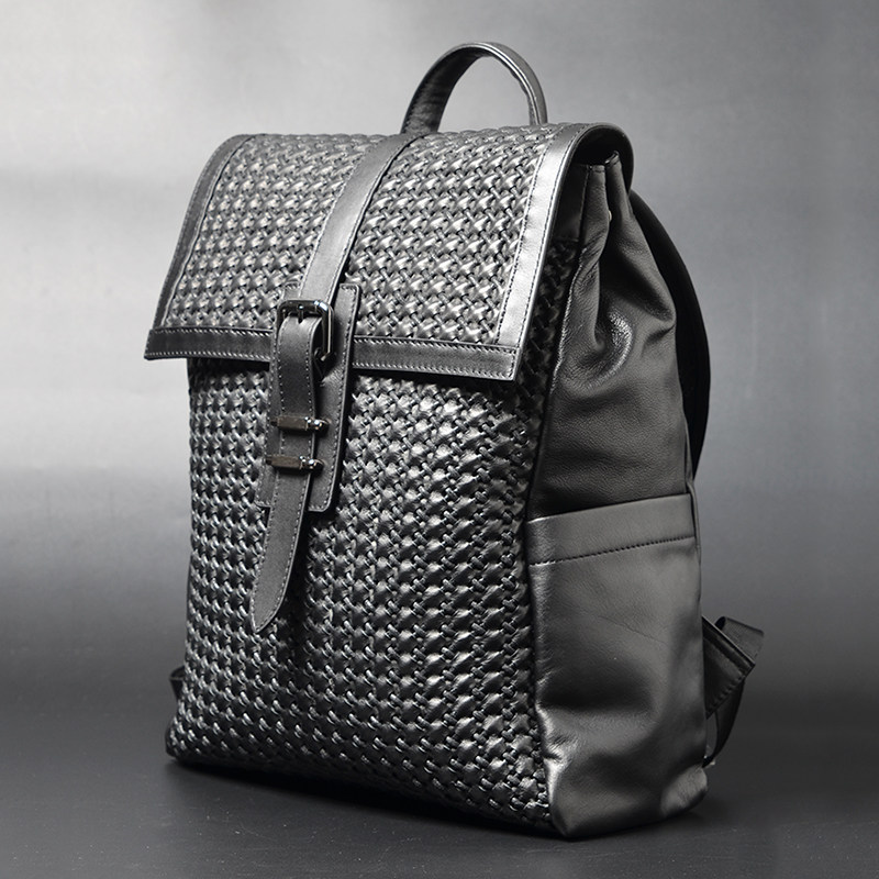 jiabv双肩包男士商务休闲时尚潮流包盖编织真皮背包双肩背包