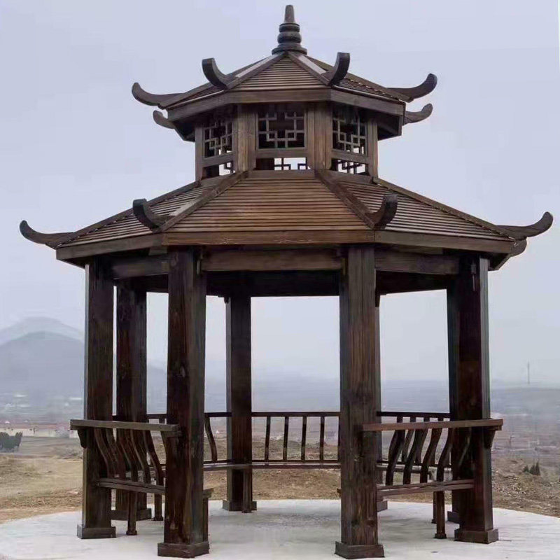 双层古建凉亭长廊户外四角六角八角亭子仿古碳化木防腐庭院别墅