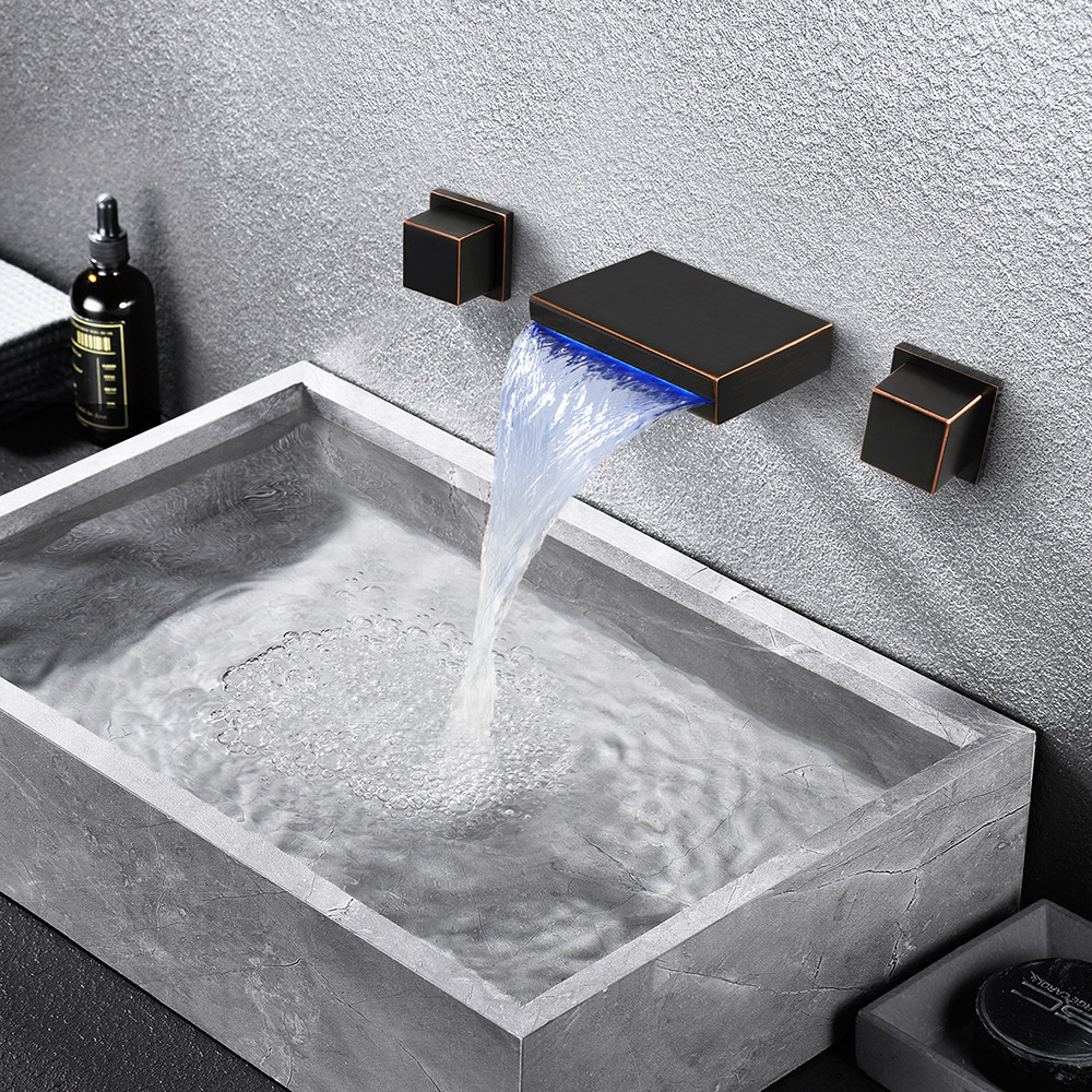 orb仿古瀑布面盆水龙头全铜入墙led发光墙出面盆龙头