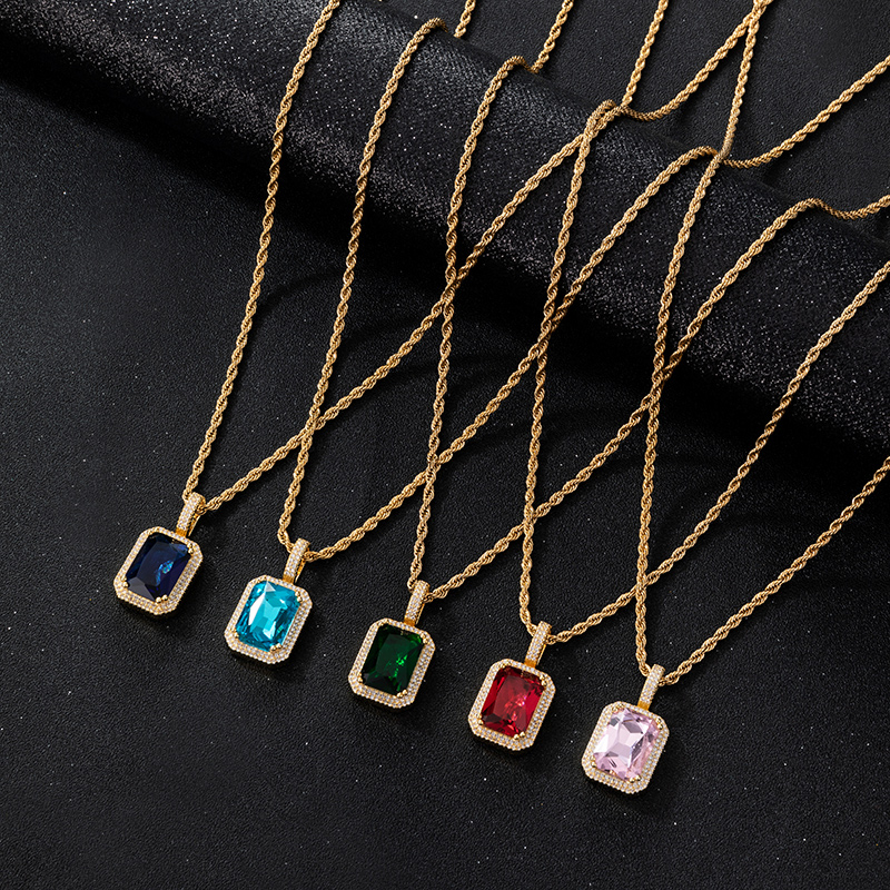 方形镶钻宝石吊坠欧美hiphop项链嘻哈饰品品男项坠