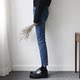 PF/ New style pencil jeans, trimmed nine minute trousers for men, blue slim-fit, narrow-legged, fur-trimmed trousers PF/ New style pencil jeans, trimmed nine minute trousers for men, blue slim-fit, narrow-legged, fur-trimmed trousers