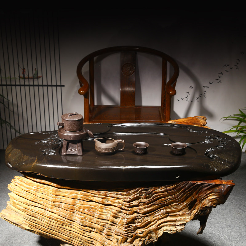 歙砚茶盘石头茶台大型天然原石茶海轻奢家用茶盘