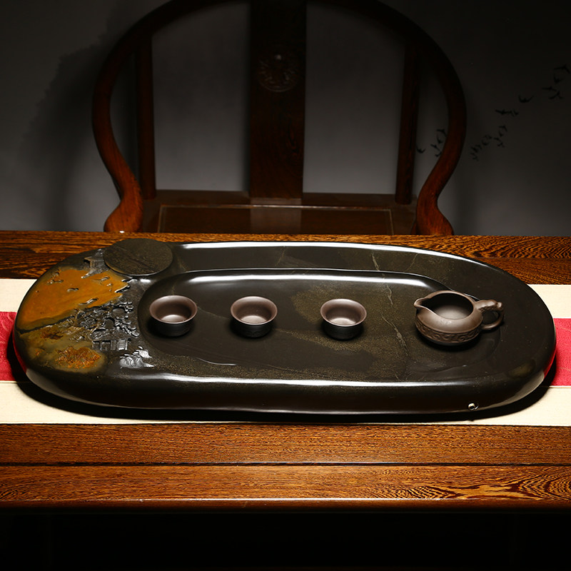 茶盘天然原石砚石家用石盘歙砚茶台石头功夫茶盘