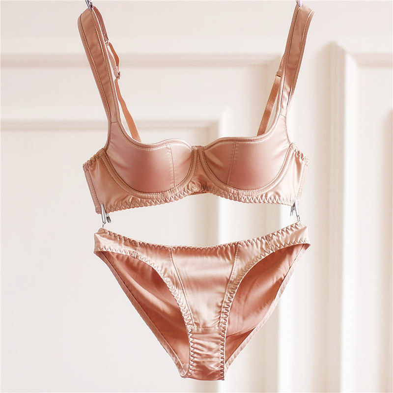 欧美女士文胸光面深v迷你杯薄款棉半杯 性感光面简约复古内衣套装