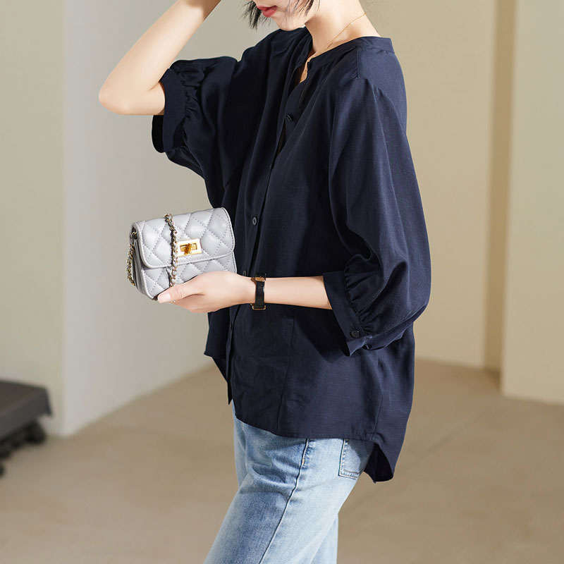 索菲丝尔天丝亚麻七分袖衬衫女夏上衣2022新款时尚衬衣上衣设计感