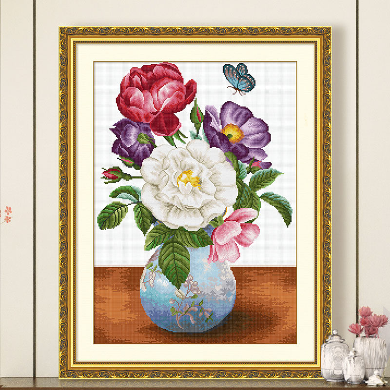 ks十字绣卧室2020新款客厅餐厅古典花卉花瓶十字绣套件