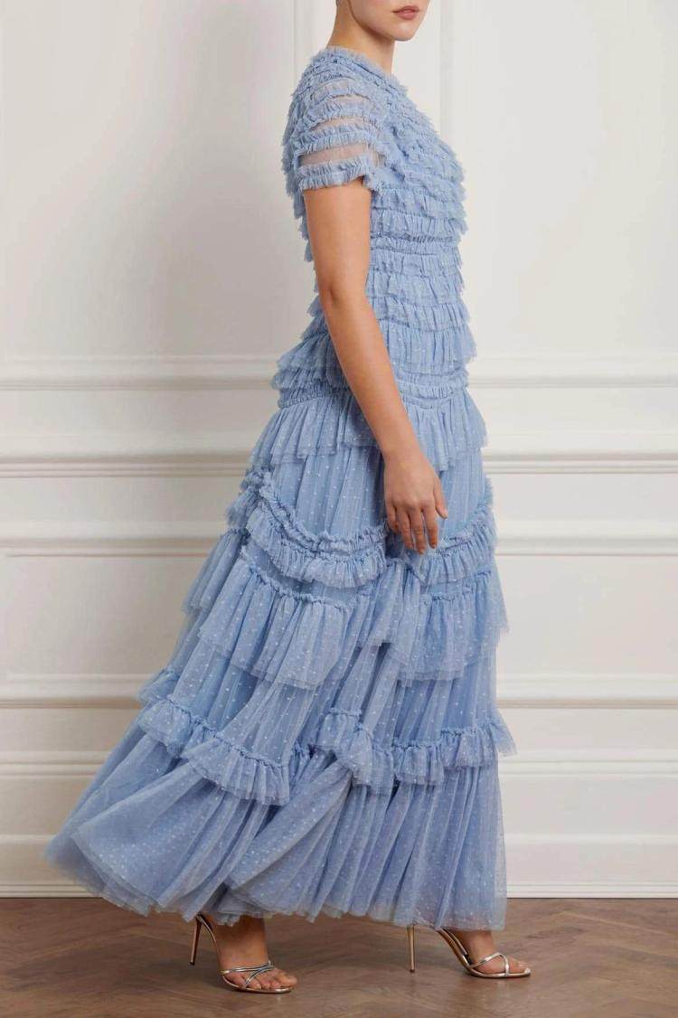 英国代购2021春装新款needlethread蓝色长纱连衣裙连衣裙