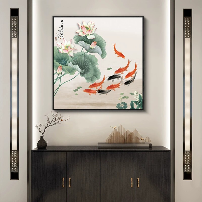 荷花九鱼风水招财装饰画餐厅背景背景墙墙面进门现代装饰画