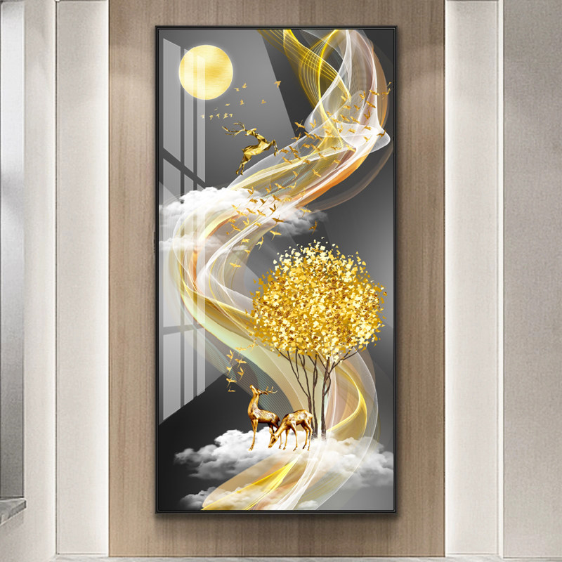 金鹿高升进门玄关装饰画竖版走廊过道轻奢挂画现代装饰画