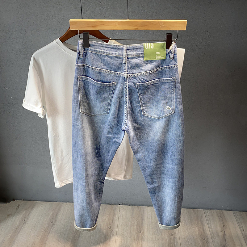 微哈伦破洞牛仔裤男夏季薄款弹力九分裤韩版潮牌休闲宽松小脚裤子