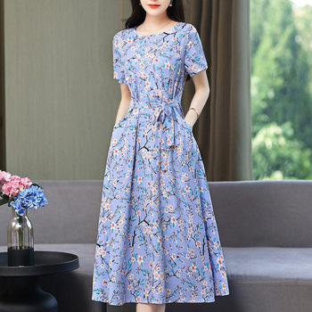 Mom's summer cotton silk dress plus size slim middle-aged and elder women's mid-length floral knee-length cotton silk dress