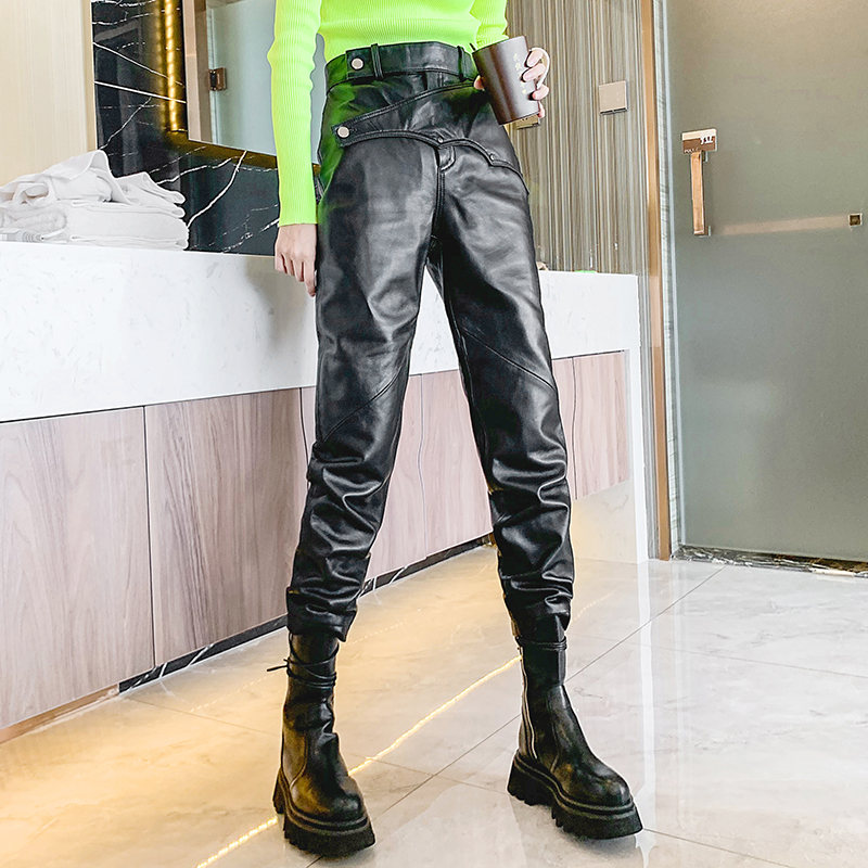 街头风休闲工装裤女秋冬新款修身小脚真皮九分裤显瘦绵羊皮哈伦裤
