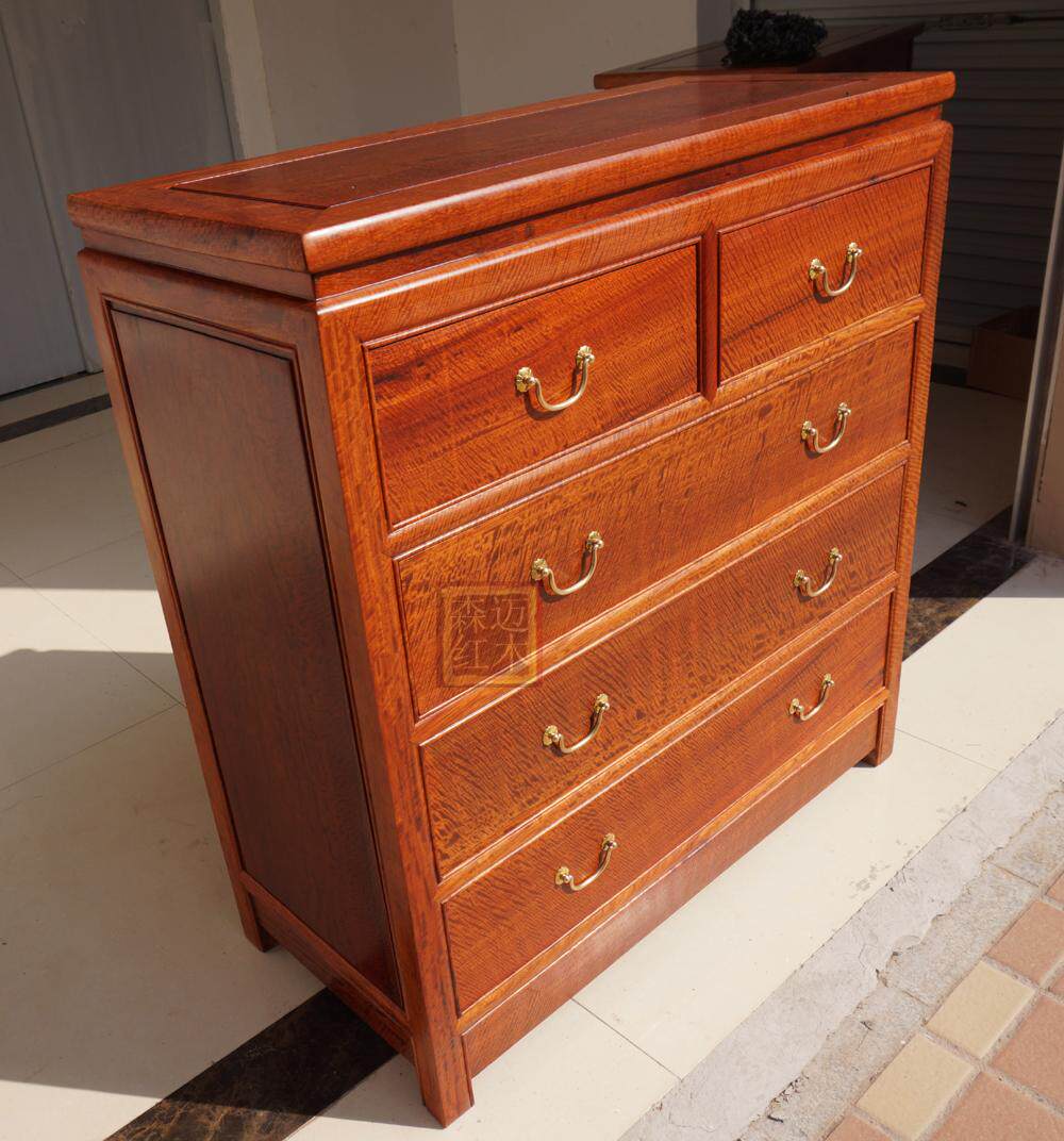 红木五斗柜缅甸花梨仿古光面虎皮衣柜收纳实木斗柜