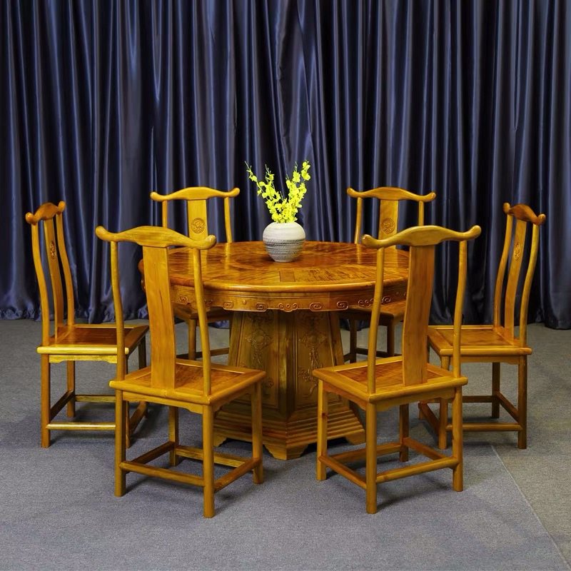 金丝楠木餐桌桌椅组合圆形实木雕花简约小户餐桌