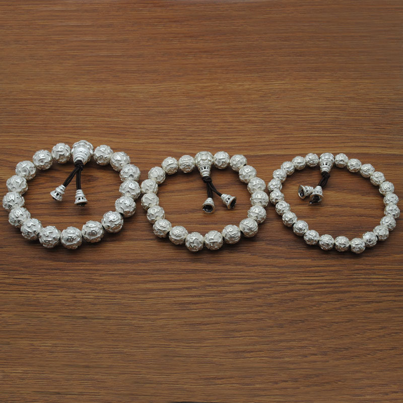 云南丽江雪花银实心实心六字真言手链足银990复古纯银心经手串男