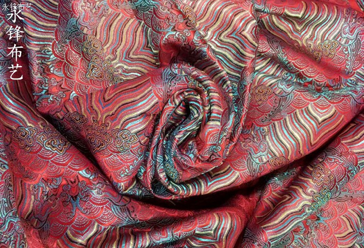 2019年新品高档云锦缎—大红海水纹缎童装旗袍古装汉服面料辅料