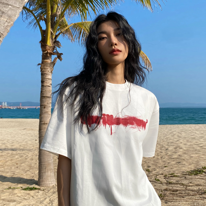 ThrillsCrew国潮喷溅涂鸦字母印花宽松圆领短袖男街头休闲情侣T恤