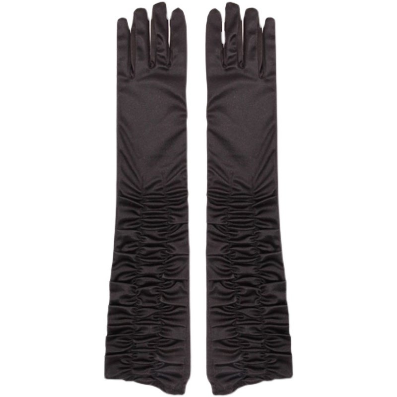 丝绸手套38cm打褶褶皱弹性丝光珠光绸缎黑色手套