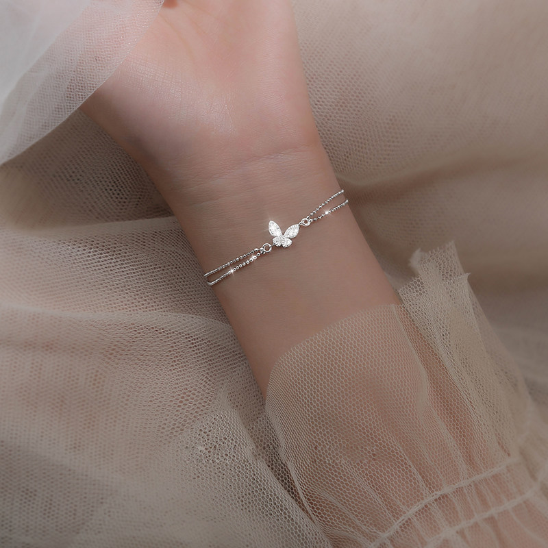 s925双层蝴蝶手链ins小众设计简约森系闺蜜手链