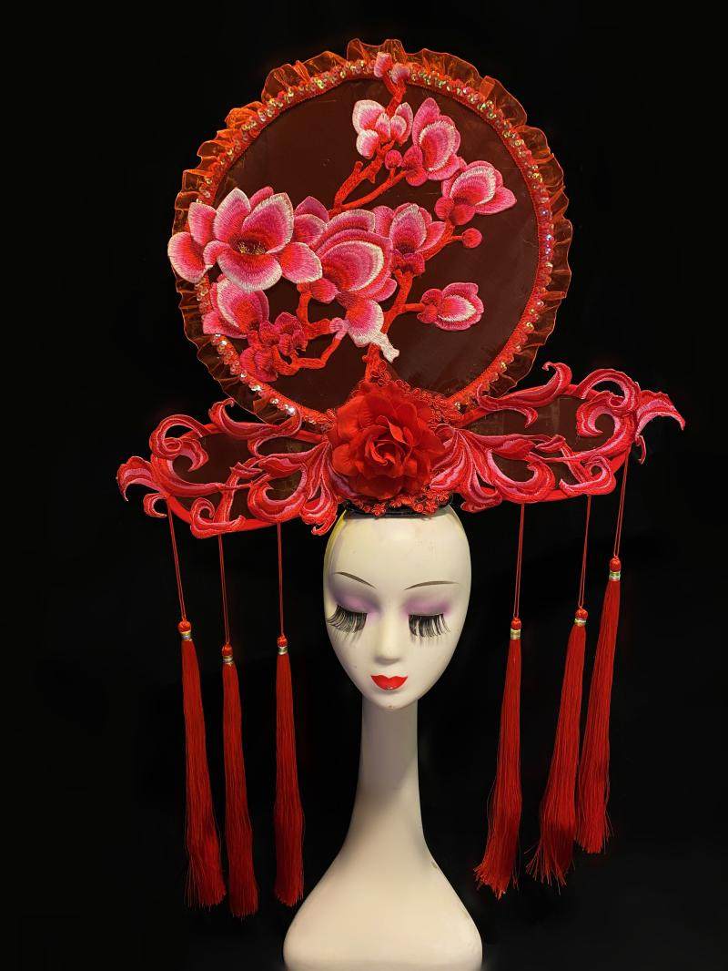 走秀夸张中国红舞舞蹈古典复古头饰扇子发饰头饰