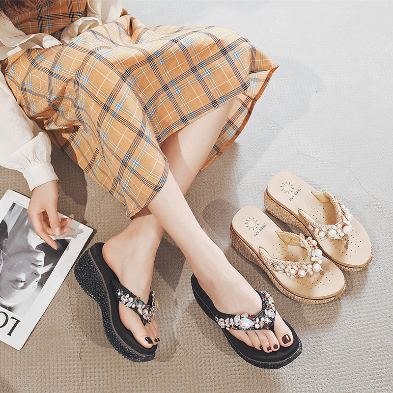 水钻凉拖女坡跟厚底民族风ins时尚百搭夹脚防滑人字拖