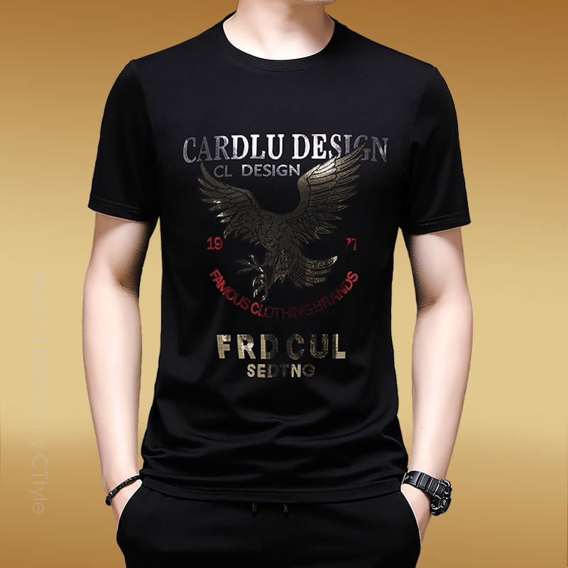 夏季烫金老鹰男士高端短袖t恤圆领新款冰丝印花半袖男装潮牌体恤