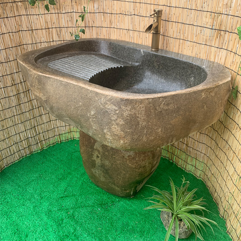 洗衣天然鹅卵石原石户外花园一体水池立柱柱式盆台一体成型式台盆
