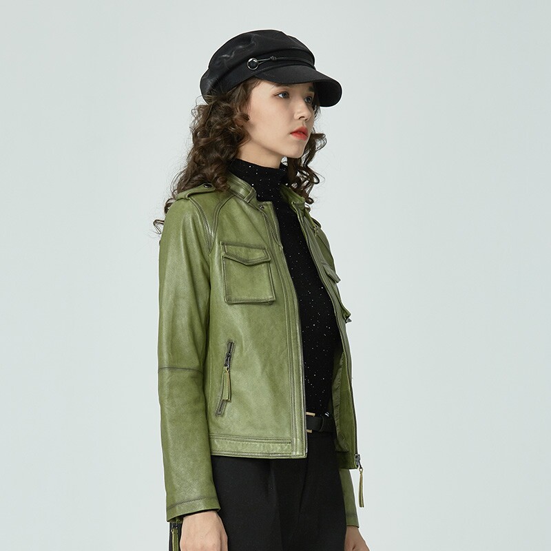 绿色皮衣2022新款海宁真皮机车时尚立领绵羊皮衣