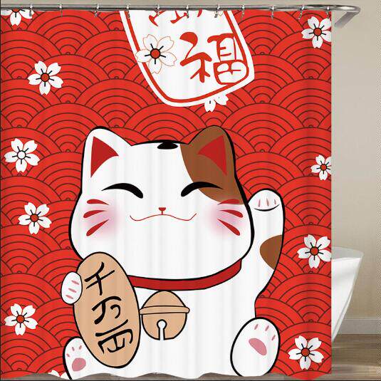 日系招财猫浴帘开店财运门帘挂帘窗帘墙布涤纶浴帘