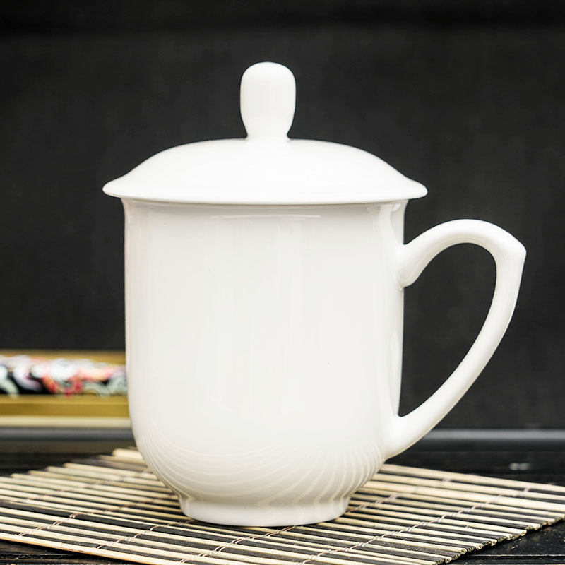 景德镇陶瓷带盖白瓷茶碗简约会议纯色瓷单杯家用茶具茶杯
